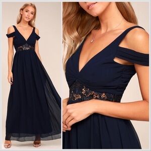 Lulus Women’s Have This Dance Navy Blue Lace Off-the-Shoulder Maxi Dress Size XS